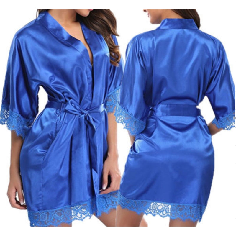 Women Fashion Sexy Solid Color Ice Silk Lace Splicing Lace-Up Pajamas