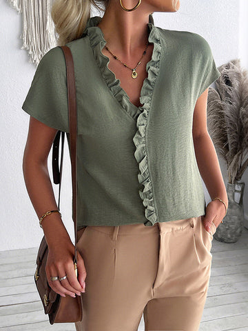 Loose Short Sleeves Ruffle Trim Solid Color V-Neck Blouses&Shirts Tops