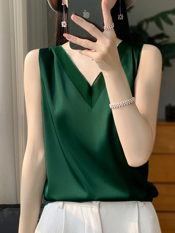 Loose Sleeveless Solid Color V-Neck Vest Top