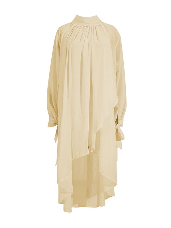 High-Low Long Sleeves Pleated See-Through Solid Color Tied High Neck Blouses&Shirts Tops