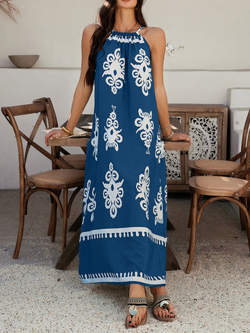 A-Line Loose Contrast Color Halter-Neck Maxi Dresses