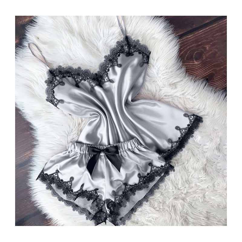 Sweet Women Sexy Loungewear Lace Satin Patchwork Pajamas Set