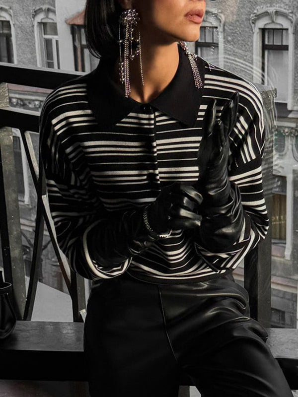 Long Sleeves Split-Joint Striped Lapel Sweater Tops