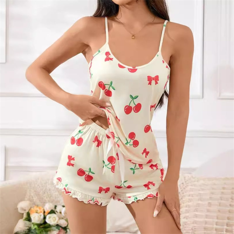 Women Fashion Sexy Thin Cherry Print Camisole Loose Shorts Pajamas Two-Piece Set