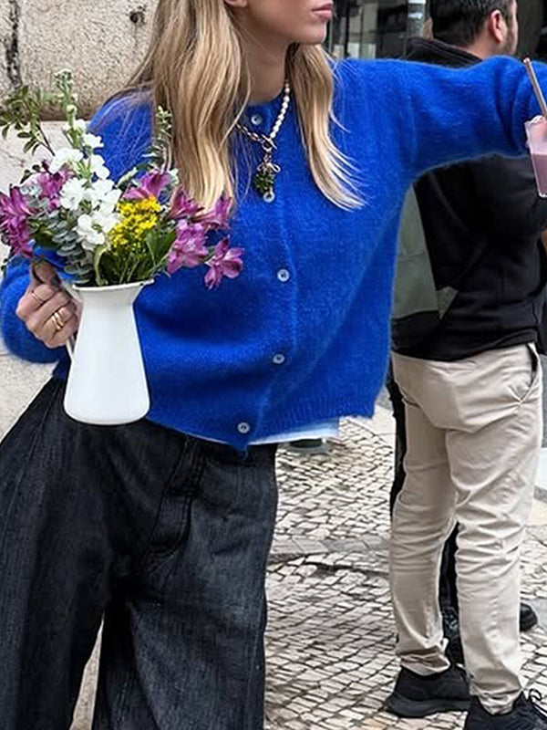 Long Sleeves Loose Buttoned Solid Color Round-Neck Cardigan Tops