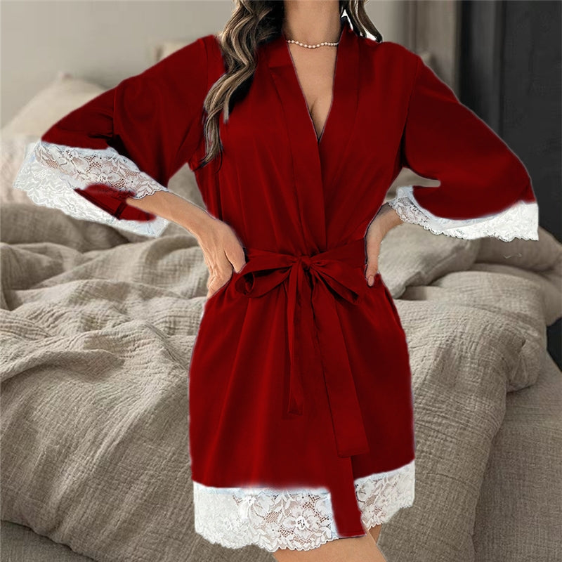 Women Fashion Sexy Solid Color Lace Stitching Ice Silk Lace-Up Pajamas