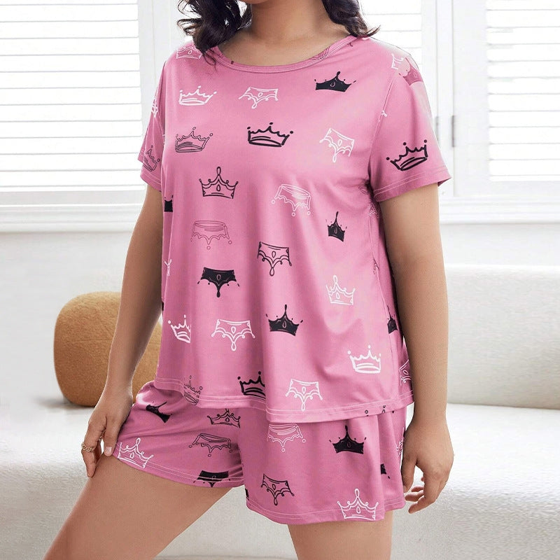 Women Fashion Casual Plus Size Printed T-Shirt Loose Shorts Pajamas Two-Piece Set