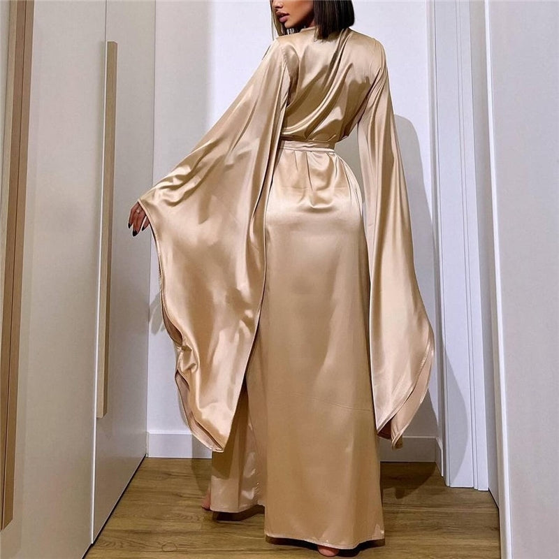 Women Casual Elegant Solid Color Lace-Up Long-Sleeve Long Robe Pajamas