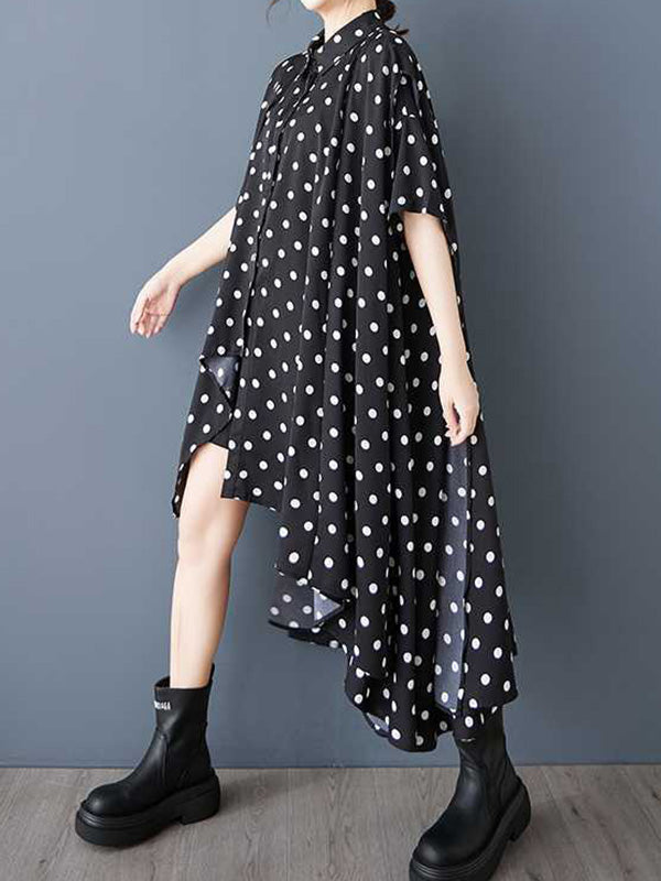 A-Line High-Low Asymmetric Buttoned Polka-Dot Lapel Midi Dresses Shirt Dress
