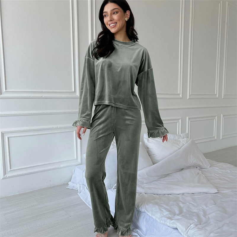 Autumn Winter Women Fashion Solid Color Round Neck Long Sleeve Top Pants Home Pajamas Set