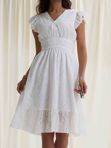 A-Line Loose Elasticity Hollow Pleated Solid Color V-Neck Mini Dresses