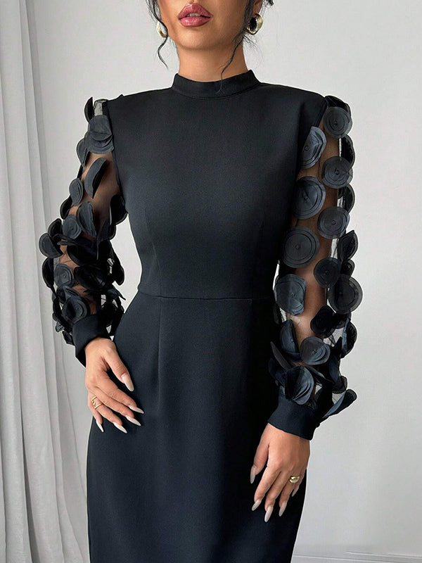 A-Line Bodycon Pleated Solid Color Split-Back Split-Joint Zipper Mock Neck Maxi Dresses