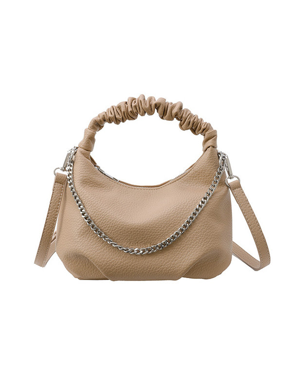 Chains Pleated Solid Color Zipper Crossbody Bags Handbags