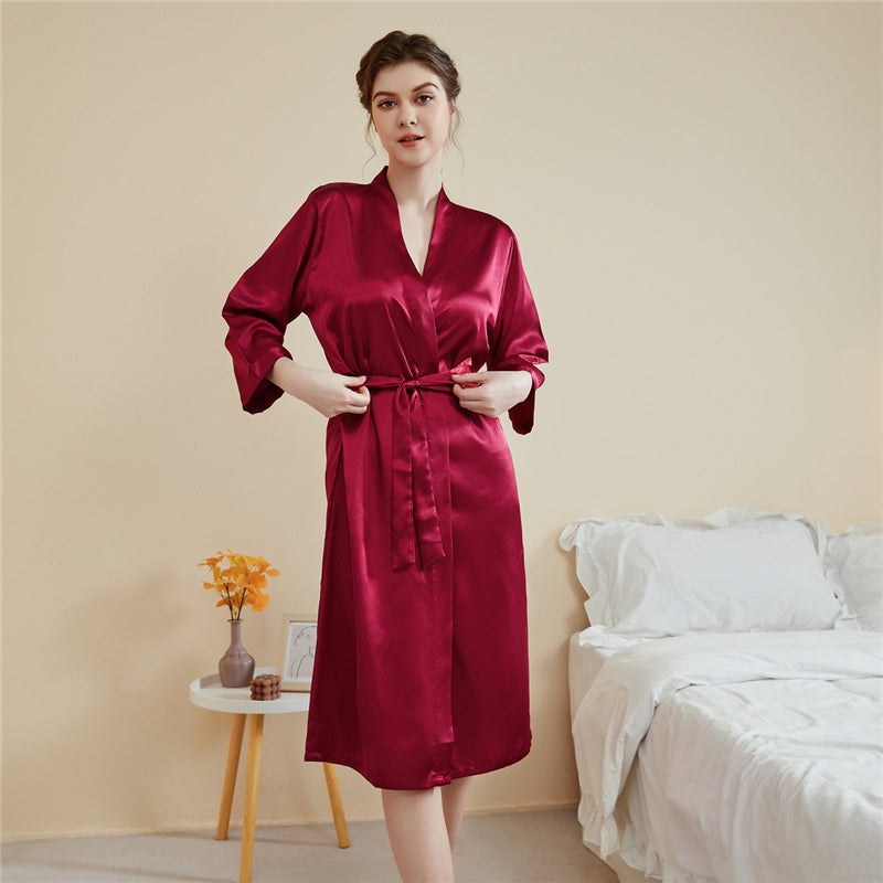 Women Fashion Solid Color Satin Long-Sleeve Lace-Up Loose Pajamas