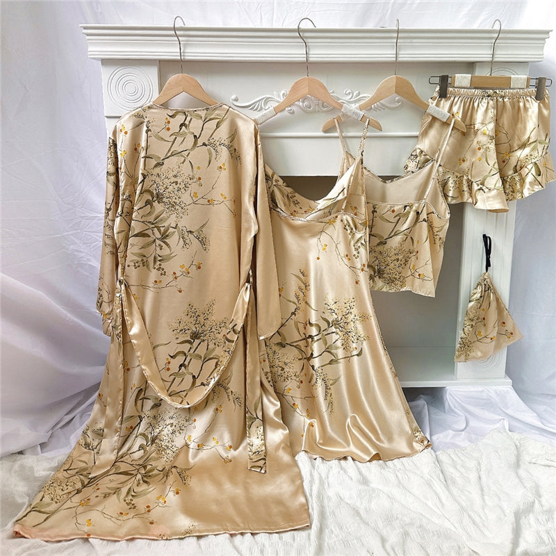 Women Fashion Sexy Printed Camisole Shorts Dress Coat Bag Pajamas Five-Piece Set