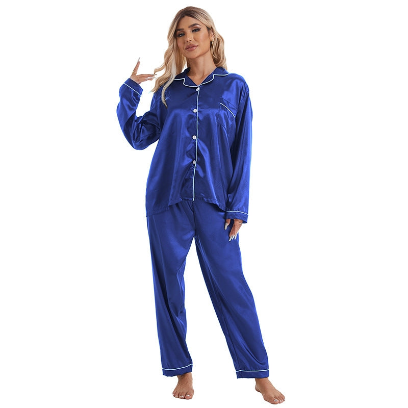 Women Simple Casual Lapel Ice Silk Long-Sleeved Pajamas Set