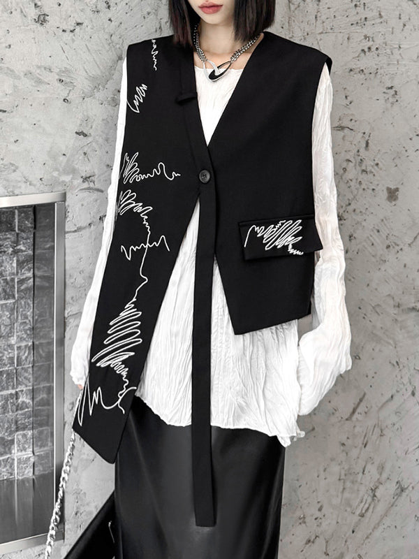 Sleeveless Asymmetric Buttoned Embroidered V-Neck Vest Top