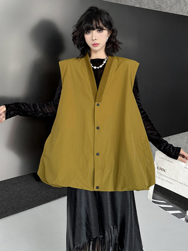 A-Line Hipster Buttoned Solid Color V-Neck Vest Top