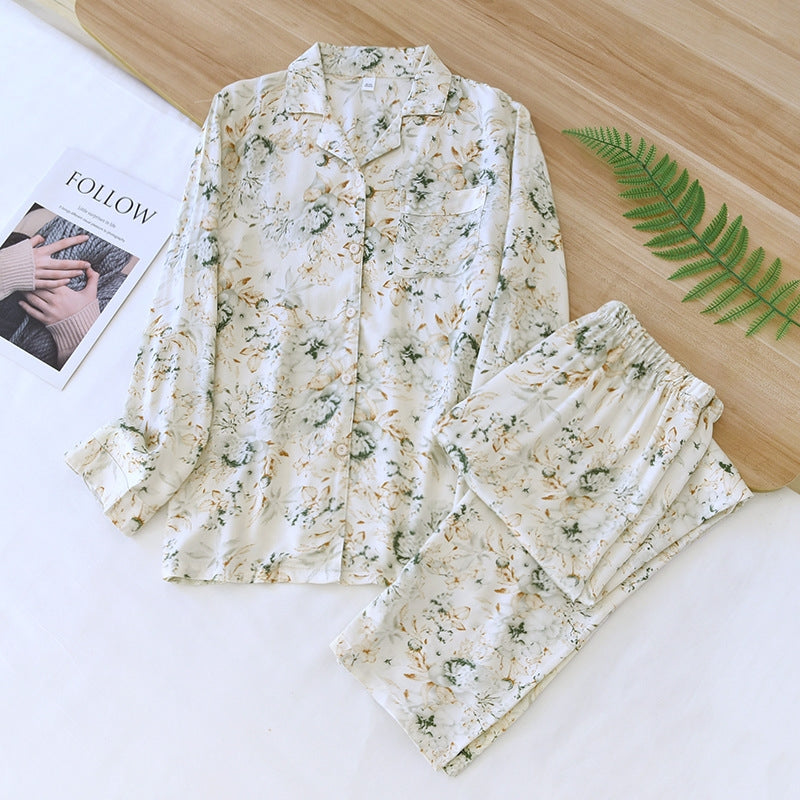 Women Casual Satin Cotton Floral Printed Lapel Long-Sleeve Top Loose Pants Pajamas Set