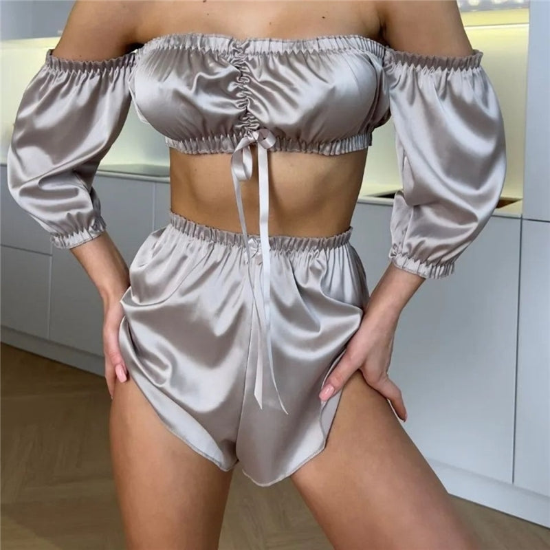 Women Fashion Sexy Off Shoulder Top Shorts Satin Pajamas Set