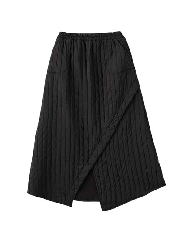 High Waisted Loose Asymmetric Elasticity Pockets Quilted Solid Color Skirts Bottoms