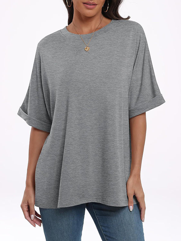 Raglan Sleeve Solid Color Split-Joint Round-Neck T-Shirts