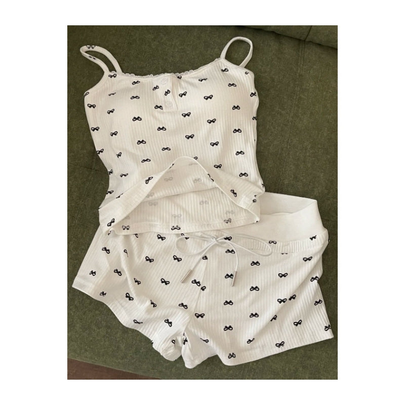Women Fashion Sexy Bowknot Printed Camisole Slim-Fit Shorts Pajamas Two-Piece Set