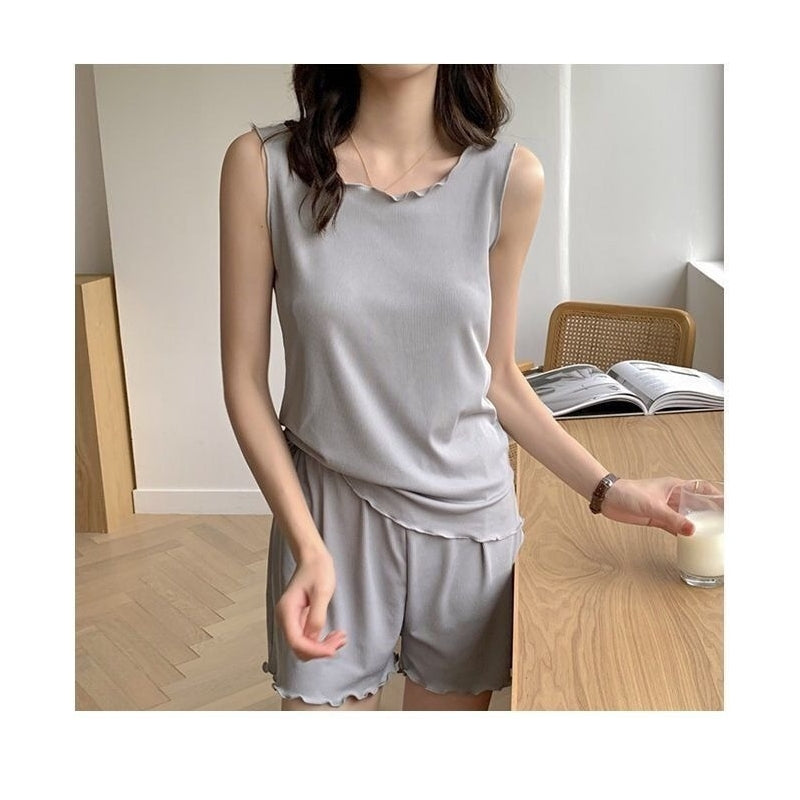 Women Fashion Casual Solid Color Ice Silk Sleeveless Tank Top Loose Shorts Pajamas Two-Piece Set