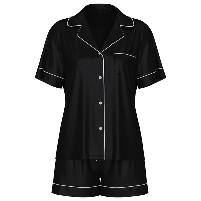 Women Fashion Casual Solid Color Lapel Short-Sleeve Blouse Loose Shorts Pajamas Two-Piece Set