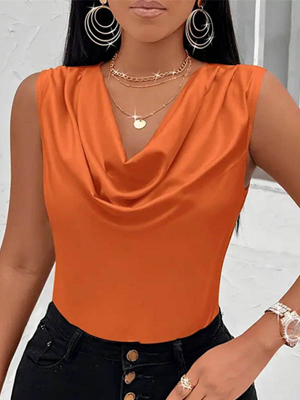 Loose Sleeveless Pleated Solid Color V-Neck Vest Top