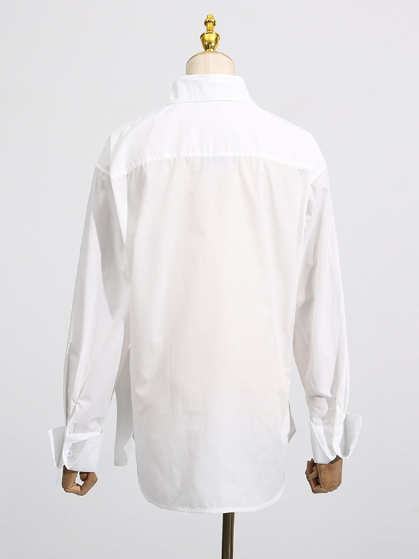 Long Sleeves Loose Buttoned Pleated Solid Color Lapel Blouses&Shirts Tops