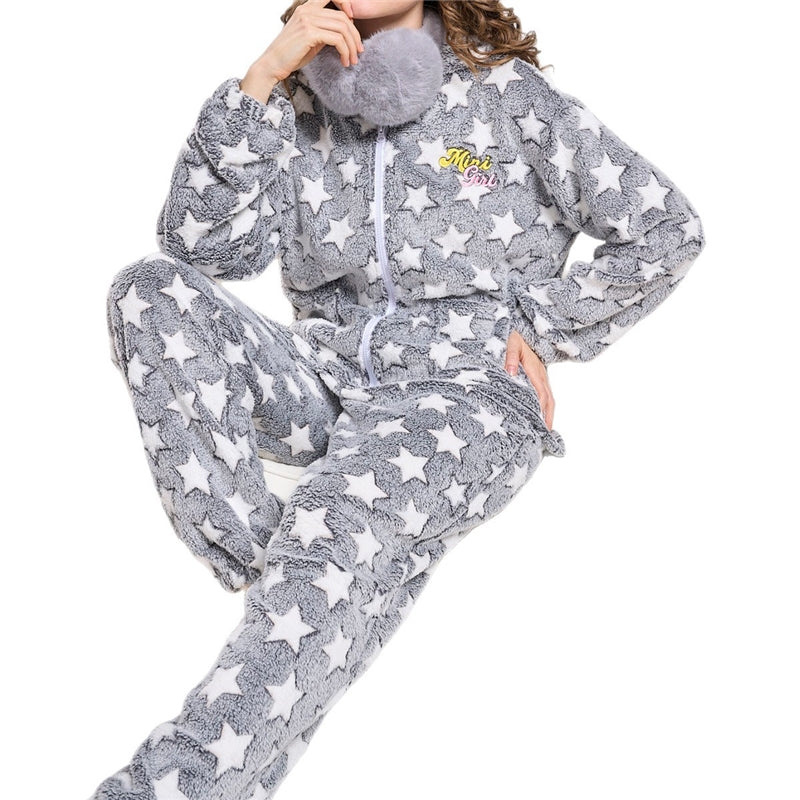 Women Fashion Casual Autumn And Winter Fleece Star Printed Zipper Long Sleeve Hoodies Loose Pants Pajamas Two-Piece Set