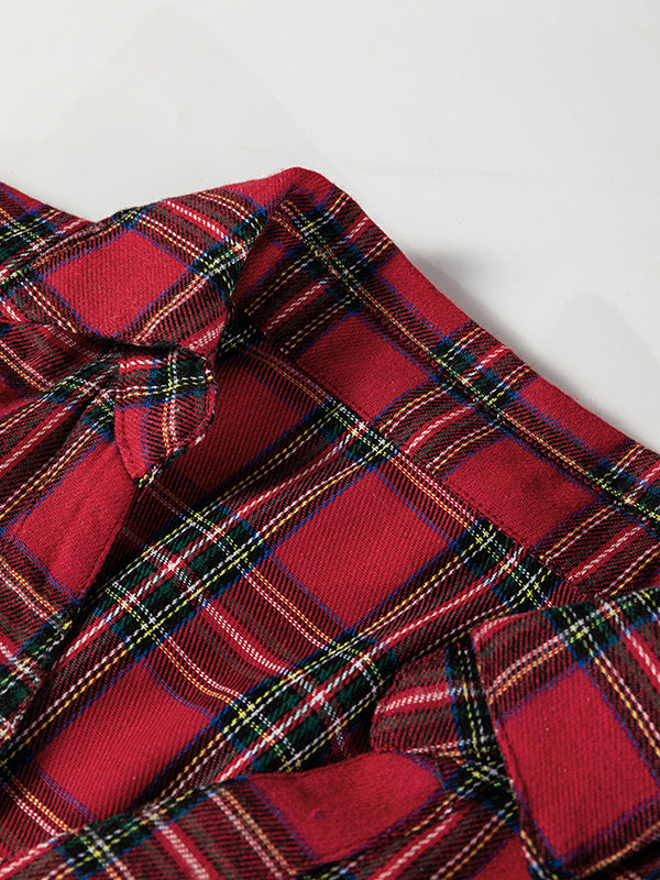 A-Line High Waisted Buttoned Plaid Pleated Pockets Lapel Mini Dresses