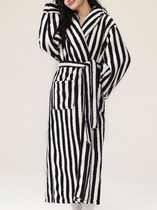 Long Sleeves Loose Split-Joint Striped Tied Waist Lapel Robes