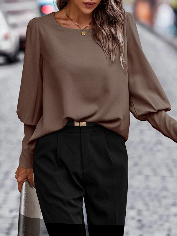 Long Sleeves Loose Buttoned Pleated Solid Color Round-Neck Blouses&Shirts Tops
