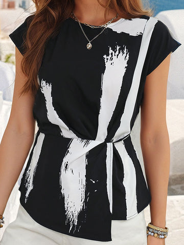 Loose Short Sleeves Contrast Color Printed Split-Joint Round-neck T-Shirts Tops