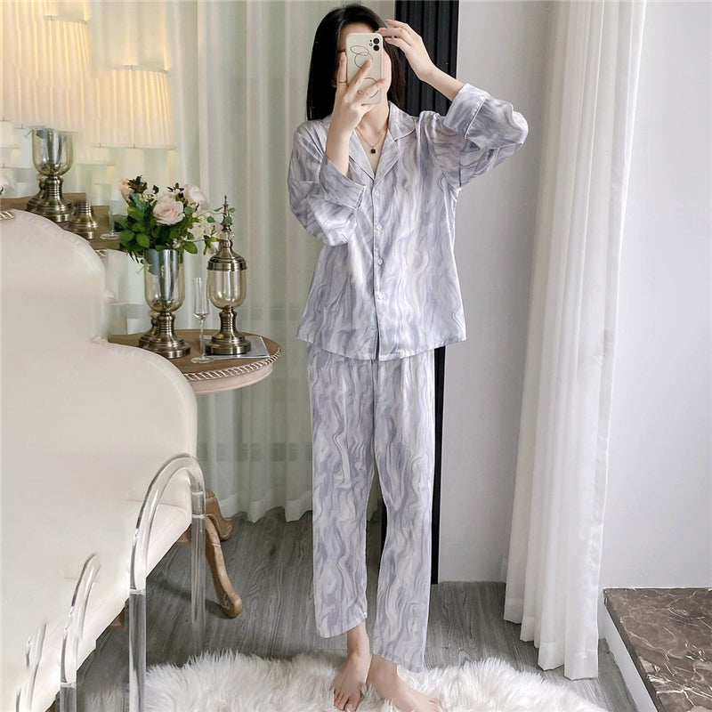 Women Fashion Elegant Gradient Ice Silk Lapel Long Sleeve Top Thin Pants Pajamas Set