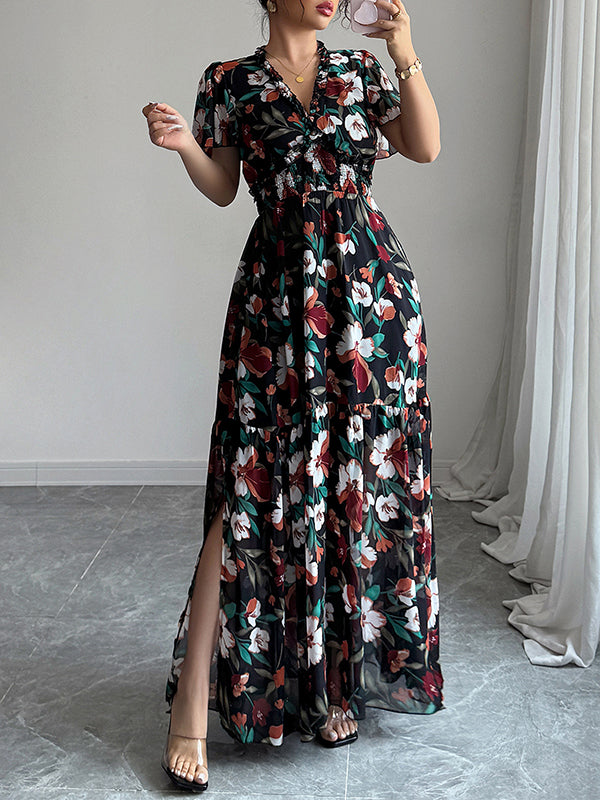 A-Line Loose Contrast Color Elasticity Flower Print Pleated V-Neck Maxi Dresses