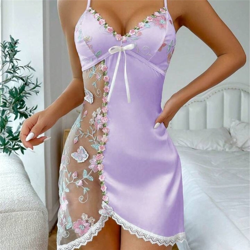 Women Fashion Sexy Floral Lace Splicing Deep V Backless Pajamas