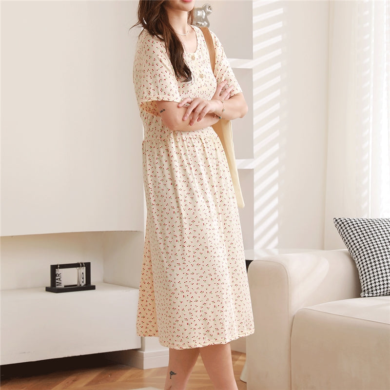 Women Fashion Casual Floral Printed Short Sleeve Loose Dress Pajamas