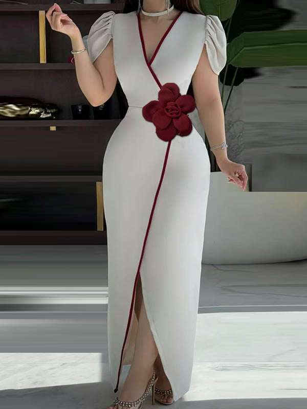 Bodycon Short Sleeves Pleated Solid Color Split-Front Three-Dimensional Flower V-Neck Maxi Dresses