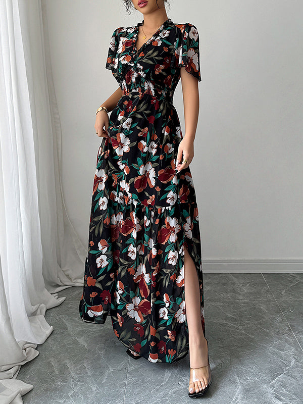 A-Line Loose Contrast Color Elasticity Flower Print Pleated V-Neck Maxi Dresses