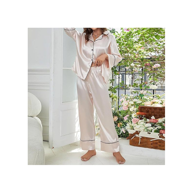 Women Fashion Casual Silk Lapel Long-Sleeved Top Loose Pants Pajamas Two-Piece Set