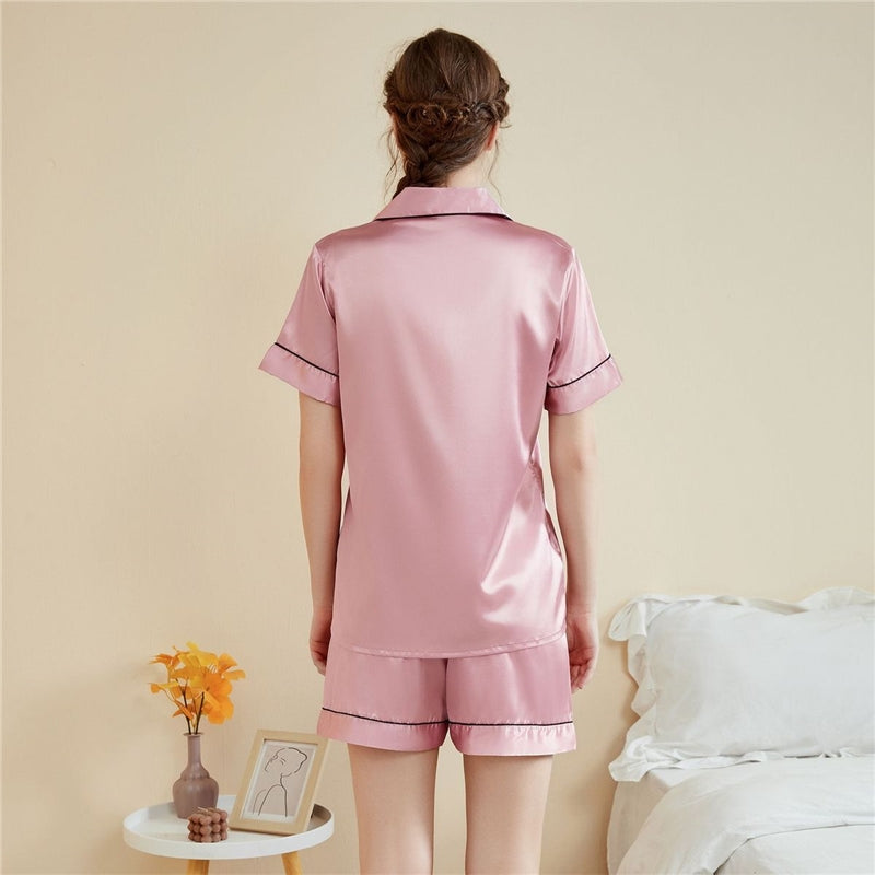 Women Fashion Simple Solid Color Lapel Short-Sleeve Top Loose Shorts Pajamas Set