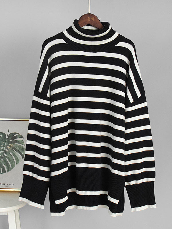 High-Low Long Sleeves Split-Joint Split-Side Striped High Neck Sweater Tops