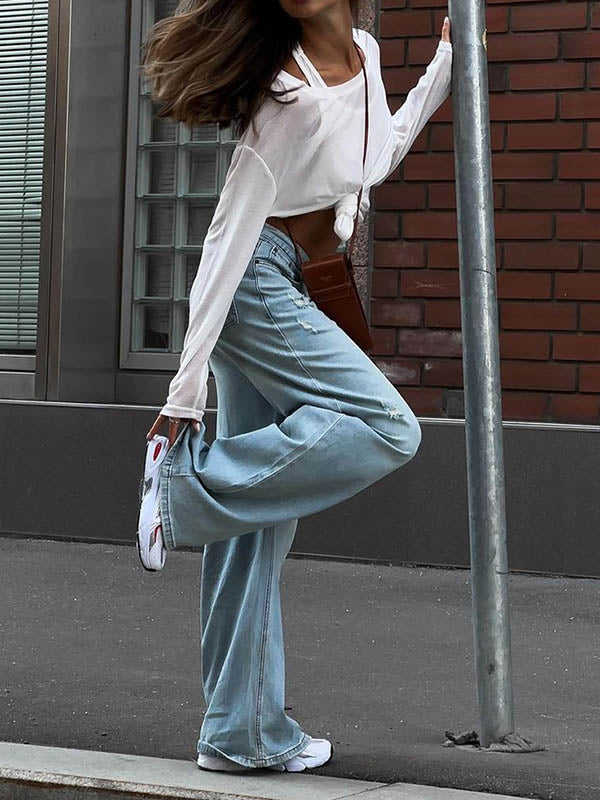 Long Sleeves Loose Solid Color Round-Neck T-Shirts Tops