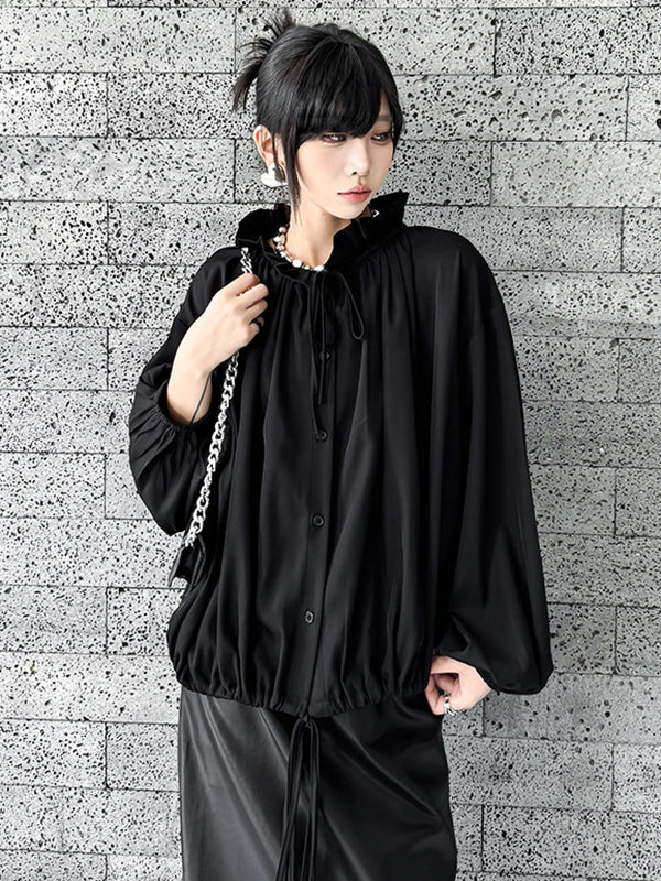 Long Sleeves Loose Drawstring Pleated Pullover Design Solid Color Lace Collar Blouses&Shirts Tops