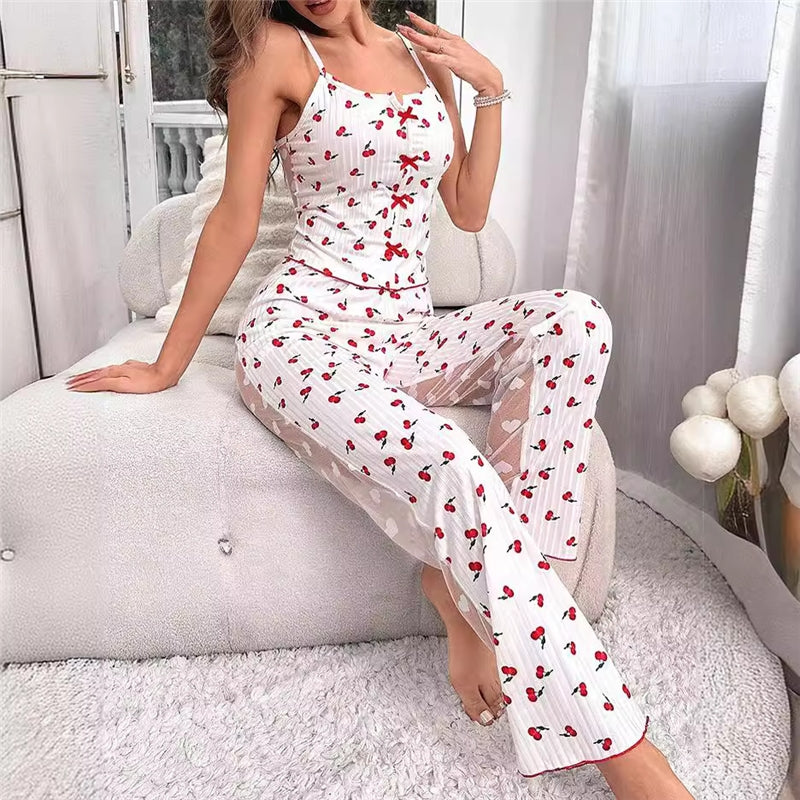 Women Fashion Sexy Printed Camisole Splicing Pants Pajamas Two-Piece Set
