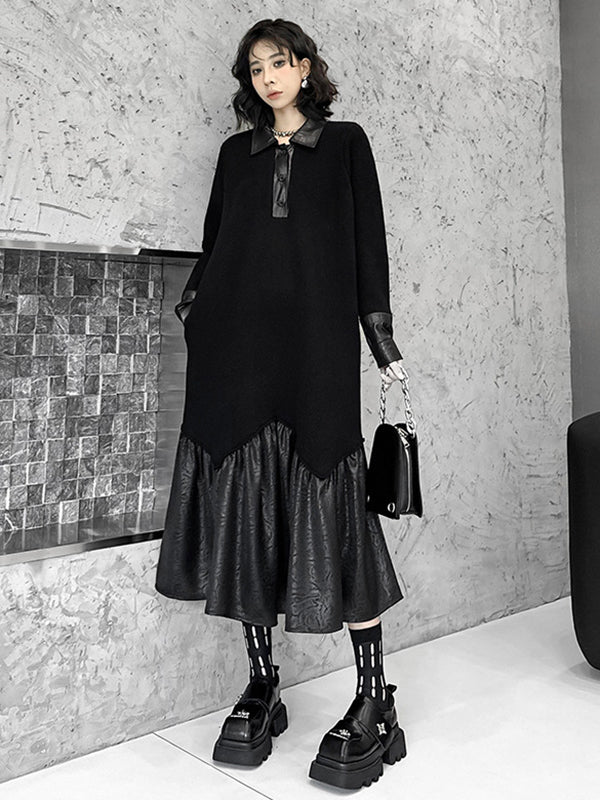 A-Line Long Sleeves Buttoned Split-Joint Polo Midi Dresses Sweater Dresses