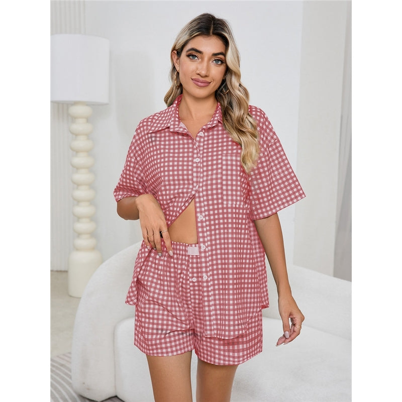 Women Fashion Casual Plaid Printed Lapel Short-Sleeve Blouse High Waist Loose Shorts Pajamas Two-Piece Set